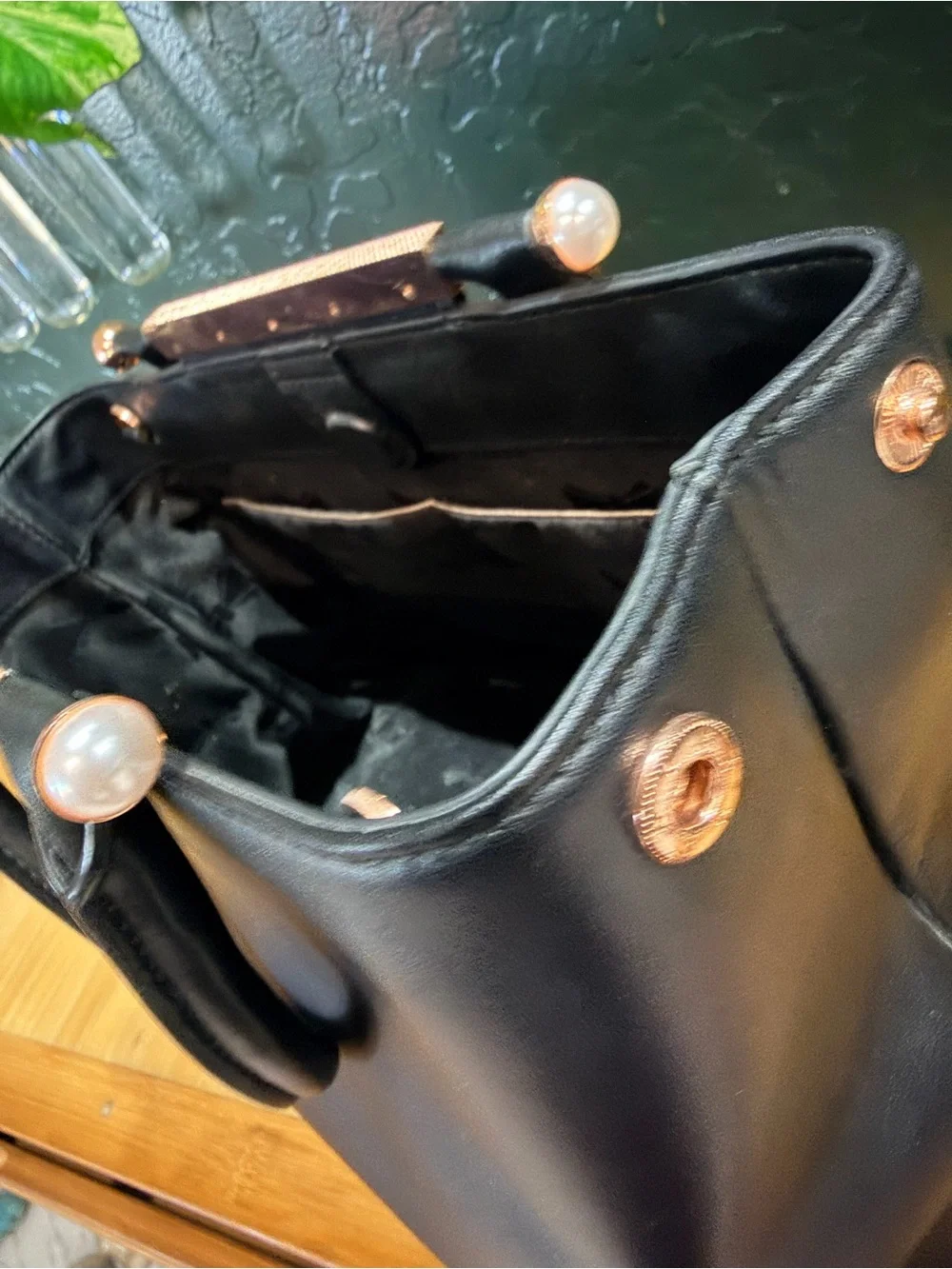 Ted Baker Black Leather Satchel with Rose Gold Accent